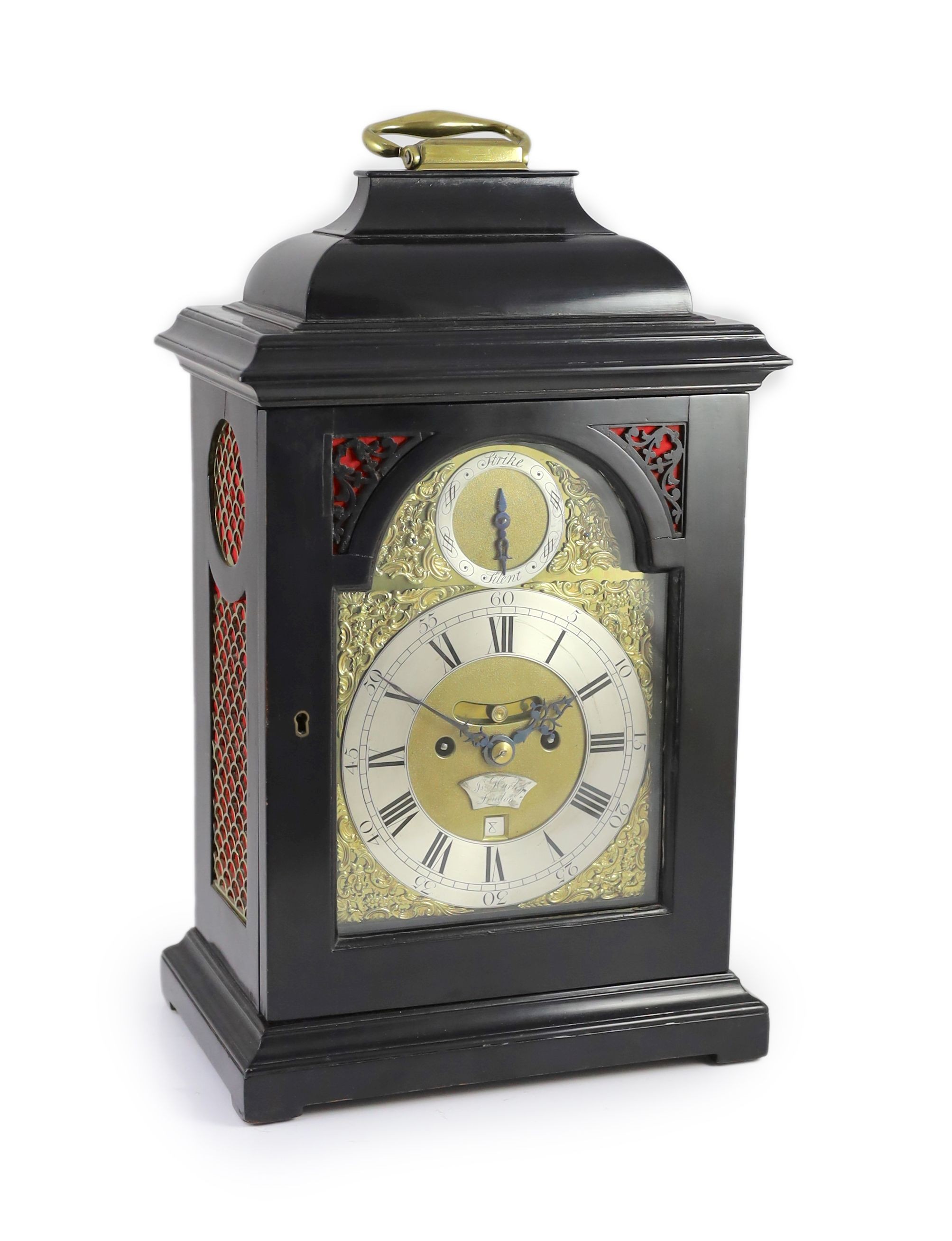 Isaac of Hurley of London. A George III ebonised eight day hour repeating bracket clock, width 28cm, depth 18cm, height 47cm